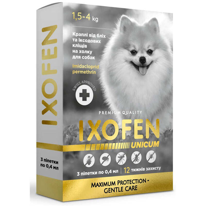 Unicum IXOFEN - Противопаразитарные капли против иксодовых клещей, блох и комаров для собак ( 1 пипетка) (4-10 кг)
