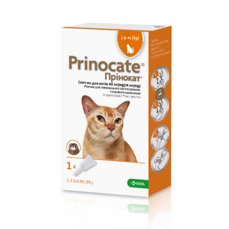 KRKA (КРКА) Prinocate Cat - Противопаразитарные капли Принокат на холку от блох, клещей и гельминтов для котов и хорьков (1 пипетка) (4-8 кг)