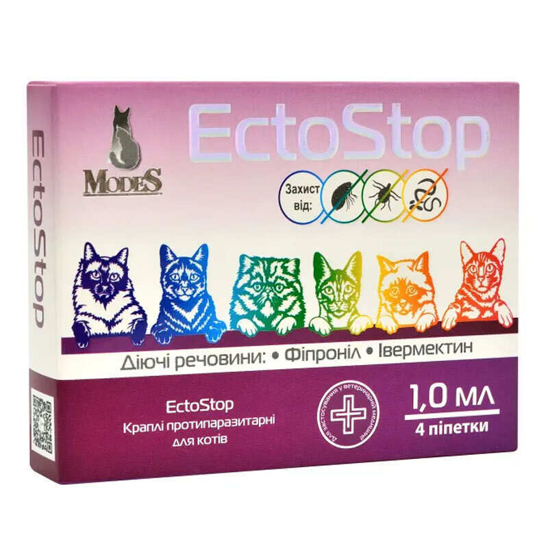 Modes EctoStop - Противопаразитарные капли на затылок EctoStop от эктопаразитов и эндопаразитов для кошек (1 пипетка) (до 4 кг)
