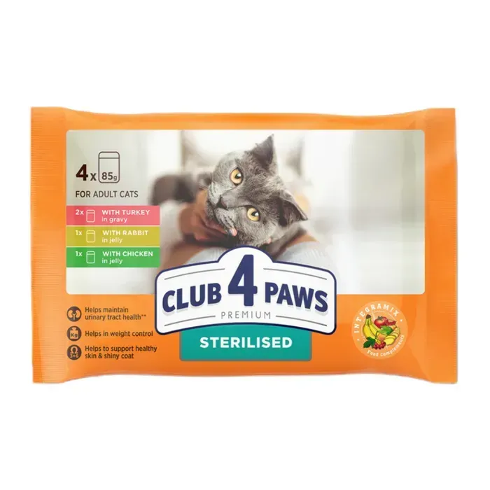 Набір вологого корму для котів Club 4 Paws Premium Sterilised 4 шт х 85 г - індичка, кролик та курка