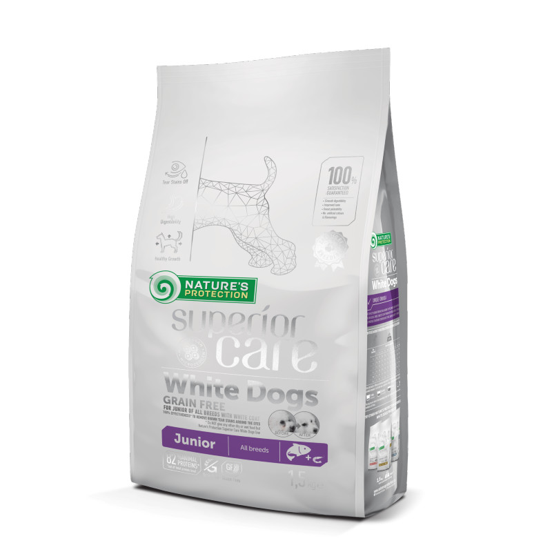 Nature's Protection Nature&amp;#039;s Protection Superior Care White Dogs GF Junior All Breeds - Сухой беззерновой корм с лососем для щенков всех пород с белым окрасом шерсти (1,5 кг)