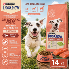 Сухий повнораціонний корм Purina Dog Chow для дорослих собак, схильних до алергії, з лососем, 14 кг.