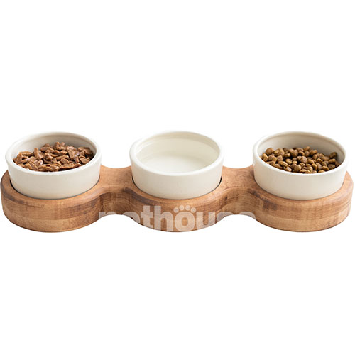 PetJoy Три миски керамічні на підставці Brown Beige