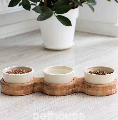 PetJoy Три миски керамічні на підставці Brown Beige