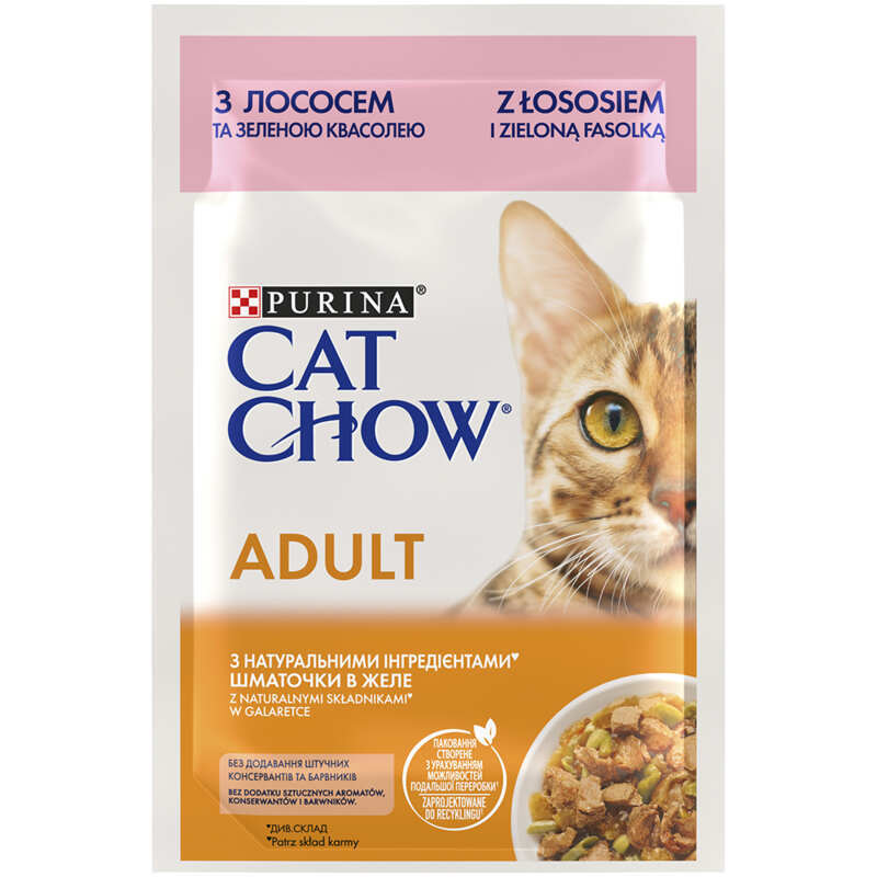 Cat Chow Вологий корм (шматочки в желе) з м'ясо та м'ясні субпродукти риба лосось для дорослих котів