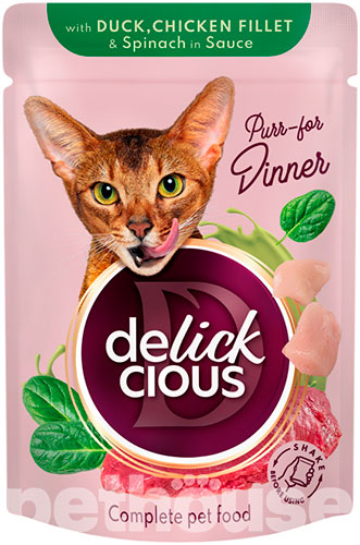 Delickcious Вологий корм (шматочки в соусі) з інші джерела курка качка м'ясо та м'ясні субпродукти для дорослих котів