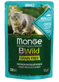 Monge Вологий корм (шматочки в соусі) з курка м'ясо та м'ясні субпродукти риба креветки тріска для дорослих котів