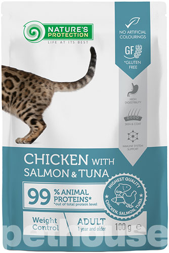 Nature's Protection Weight Control Adult Cats Chicken with Salmon and Tuna - Конскрвований корм з куркою, лососем і тунцем для контролю ваги у дорослих котів
