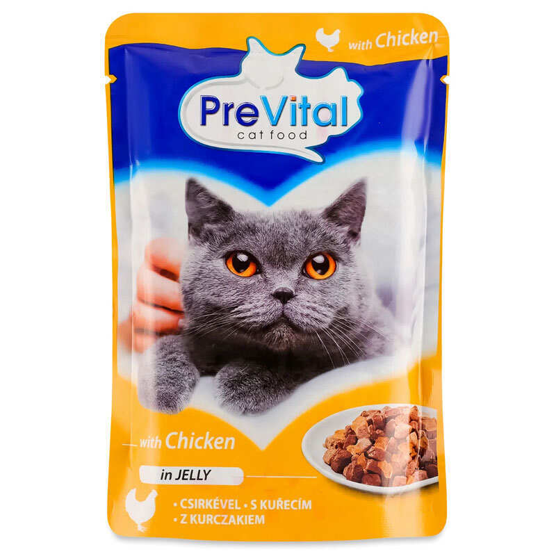 PreVital Вологий корм (шматочки в желе) з курка м'ясо та м'ясні субпродукти для дорослих котів