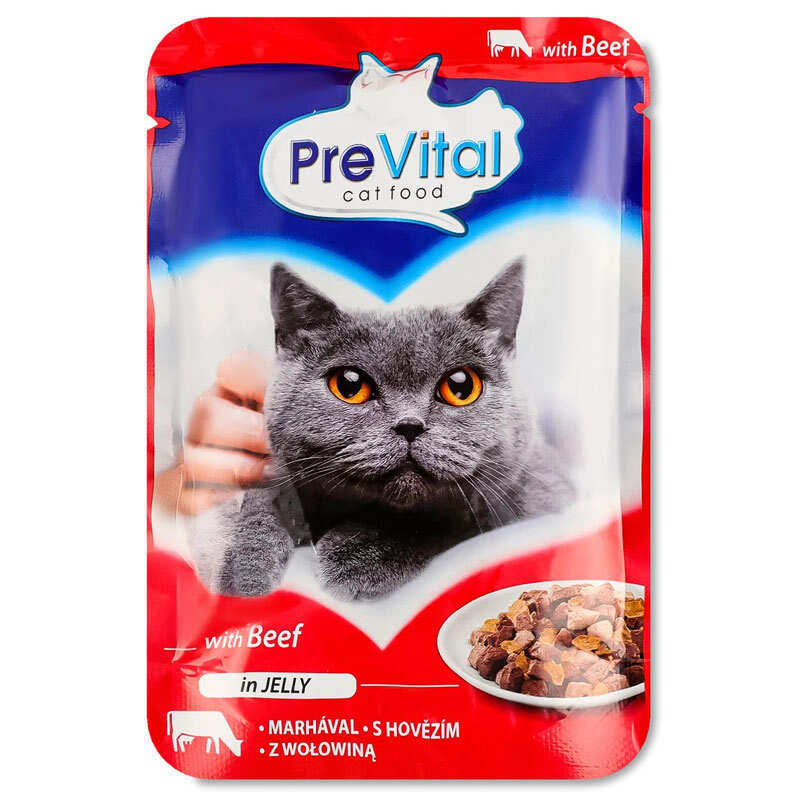 PreVital Вологий корм (шматочки в желе) з м'ясо та м'ясні субпродукти яловичина для дорослих котів