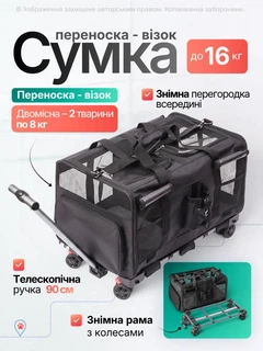 Без бренда Сумка переноска для кота кішки собаки домашніх тварин двомісна сумка з віконцем і висувною ручкою на колесиках колесах котячі сумки для переноски перенесення котів кішок маленьких собак чорна (002273)