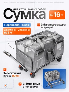 Без бренда Сумка переноска для кота кішки собаки домашніх тварин двомісна сумка з віконцем і висувною ручкою на колесиках колесах котячі сумки для переноски перенесення котів кішок маленьких собак сіра (002271)