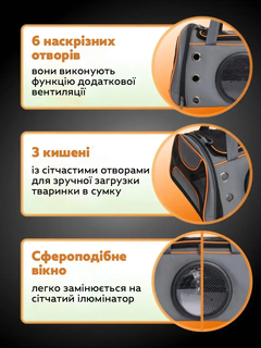 Style Pets Сумка перенесення для тварин кішок собак з вентиляцією ілюмінатором 41x24x25 см розмір S (477340-Prob) Сіра з помаранчевим