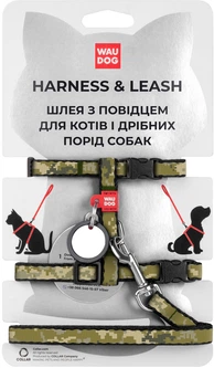 Шлея з повідцем для котів та дрібних порід собак WAUDOG Nylon з QR-паспортом XS малюнок "Мілітарі" (329-4026Collar)