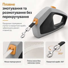 Повідець-рулетка для собак KimPets 5м, з рефлекторною стрічкою, з ергономічною ручкою, до 50кг, Сірий (284-GREY)
