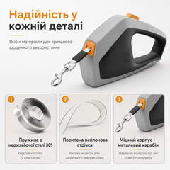 Повідець-рулетка для собак KimPets 5м, з рефлекторною стрічкою, з ергономічною ручкою, до 50кг, Сірий (284-GREY)