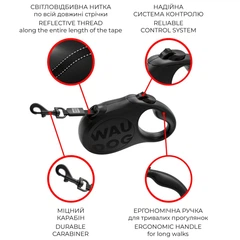 Автоматичний повідець-рулетка для собак WAUDOG R-leash Monochrome для великих порід до 50 кг, L, світловідбиваюча стрічка, 5 м, чорний (18641)