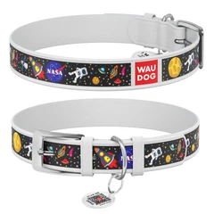 Collar Нашийник для собак шкіряний WAUDOG Design з QR паспортом, малюнок "NASA", Ш 12 мм, Дов 18-24 см, білий