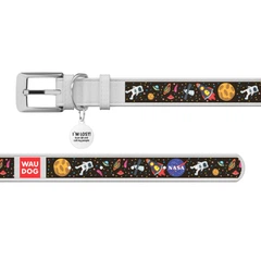 Collar Нашийник для собак шкіряний WAUDOG Design з QR паспортом, малюнок "NASA", Ш 12 мм, Дов 18-24 см, білий