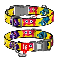 Нашийник для собак нейлоновий WAUDOG Nylon з QR-паспортом, малюнок "Мохнаті монстри", пластиковий фастекс, М, Ш 20 мм, Дов 28-40 см