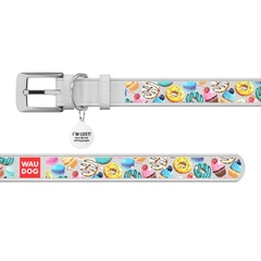 Collar Нашийник для собак шкіряний WAUDOG Design з QR паспортом, малюнок "Пончики", Ш 35 мм, Дов 46-59 см, білий