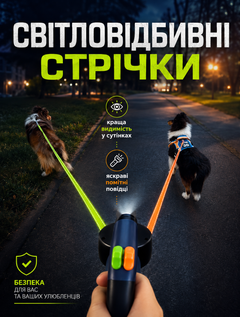Без бренду Висувний двосторонній повідець-рулетка для вигулу двох собак з підсвічуванням 3 м з двома незалежними автоматичними механізмами та ергономічною ручкою