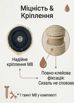 Без бренда Запасний змінний стовпчик сизалевий для котячої дряпки кігтеточки 65 см сизаль 6 мм універсальне кріплення М8 бежевий (60193/65)